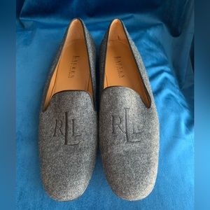 Ralph Lauren Gray Wool Monogrammed Leather Loafers